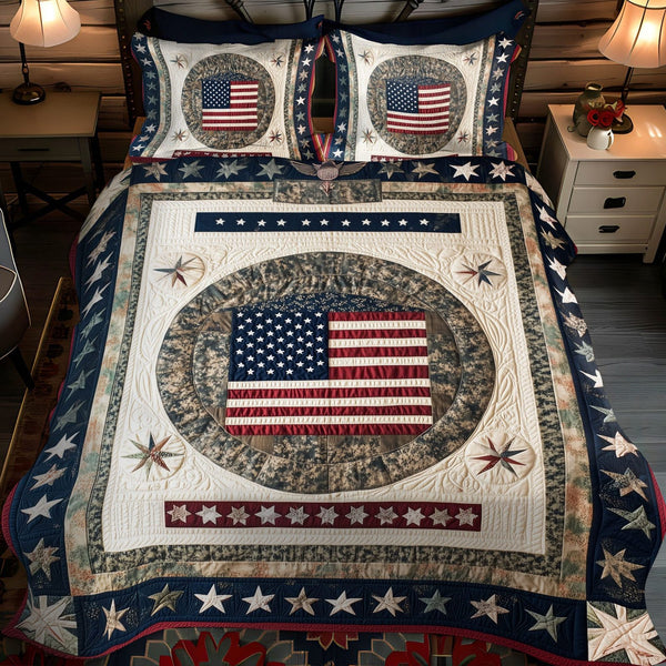 Freedom Legacy quilted 3-piece bedding set on a made bed in a warmly lit bedroom