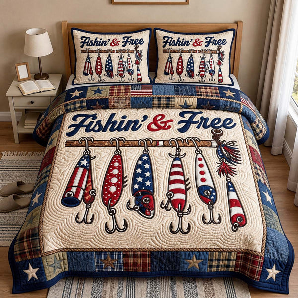 Freedom Lures quilted 3-piece bedding set on a made bed in a warmly lit bedroom