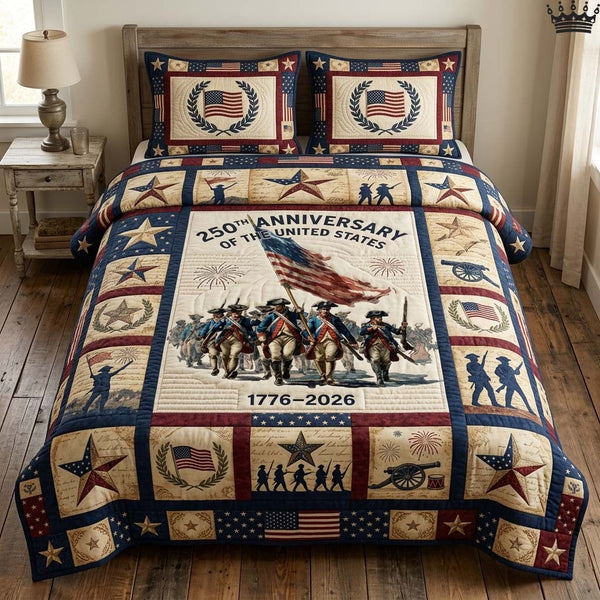 Freedom March quilted 3-piece bedding set on a made bed in a warmly lit bedroom