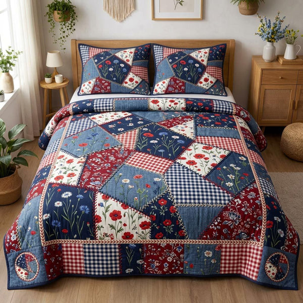 Freedom Meadow quilted 3-piece bedding set on a made bed in a warmly lit bedroom
