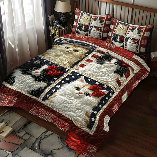 Freedom Meowers quilted 3-piece bedding set on a made bed in a warmly lit bedroom