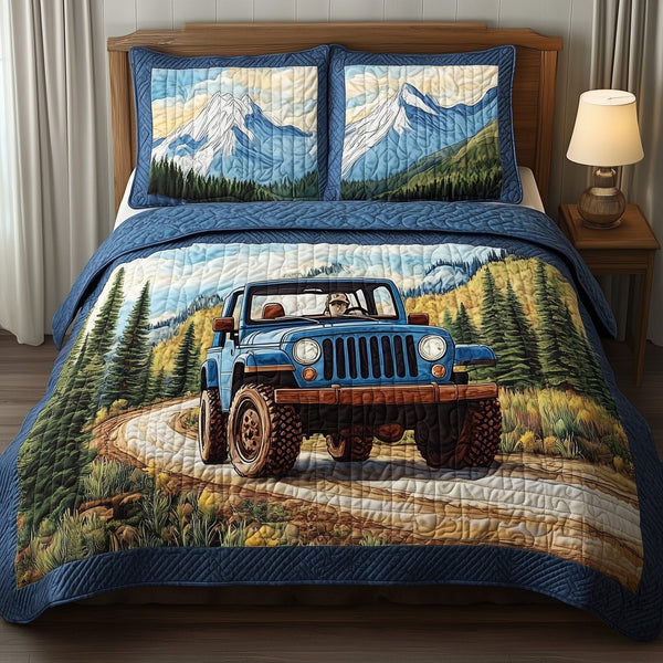 Freedom on Wheels quilted 3-piece bedding set on a made bed in a warmly lit bedroom