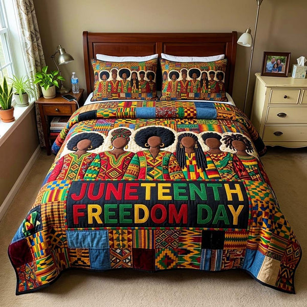 Freedom Parade quilted 3-piece bedding set on a made bed in a warmly lit bedroom