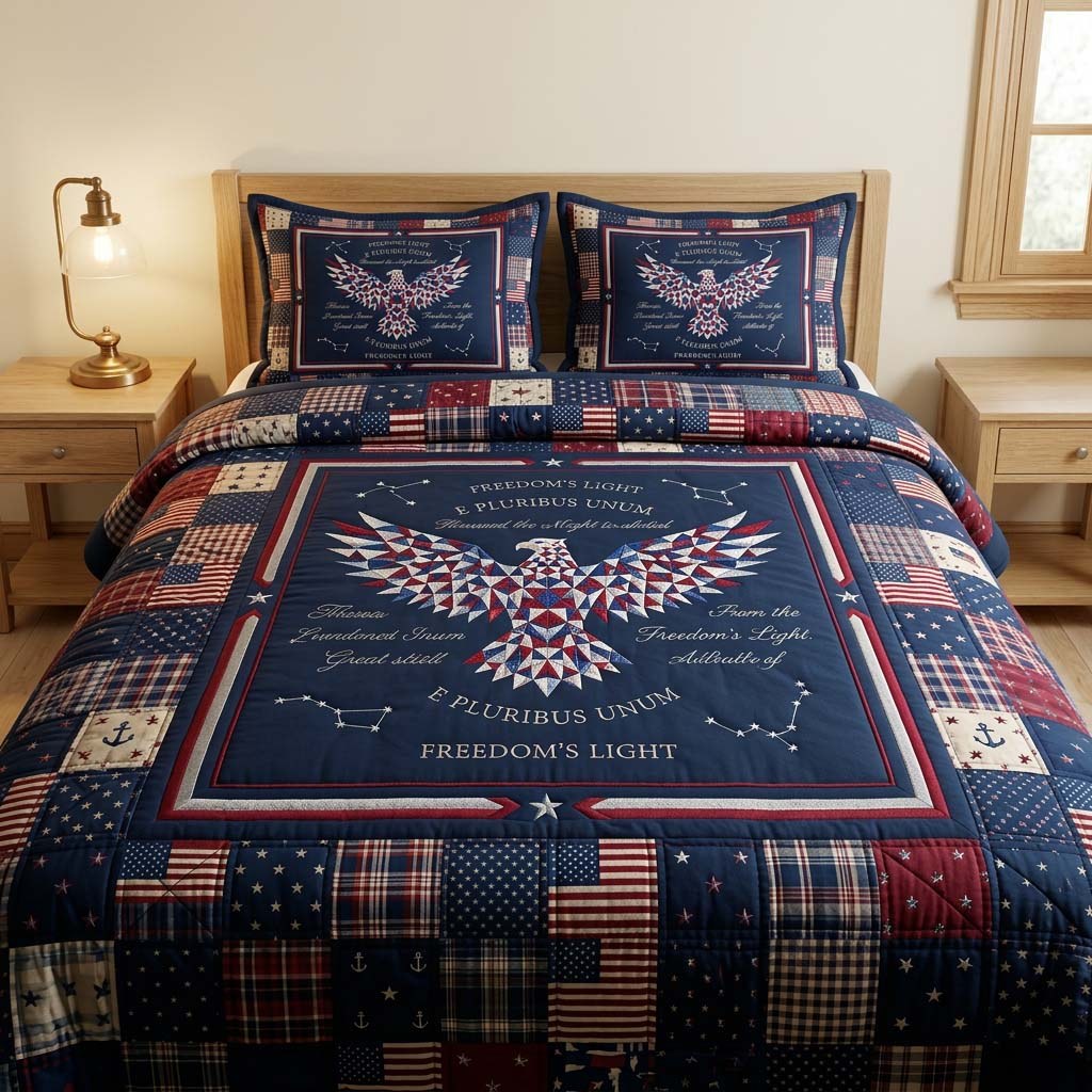 Freedom Patchwork quilted 3-piece bedding set on a made bed in a warmly lit bedroom