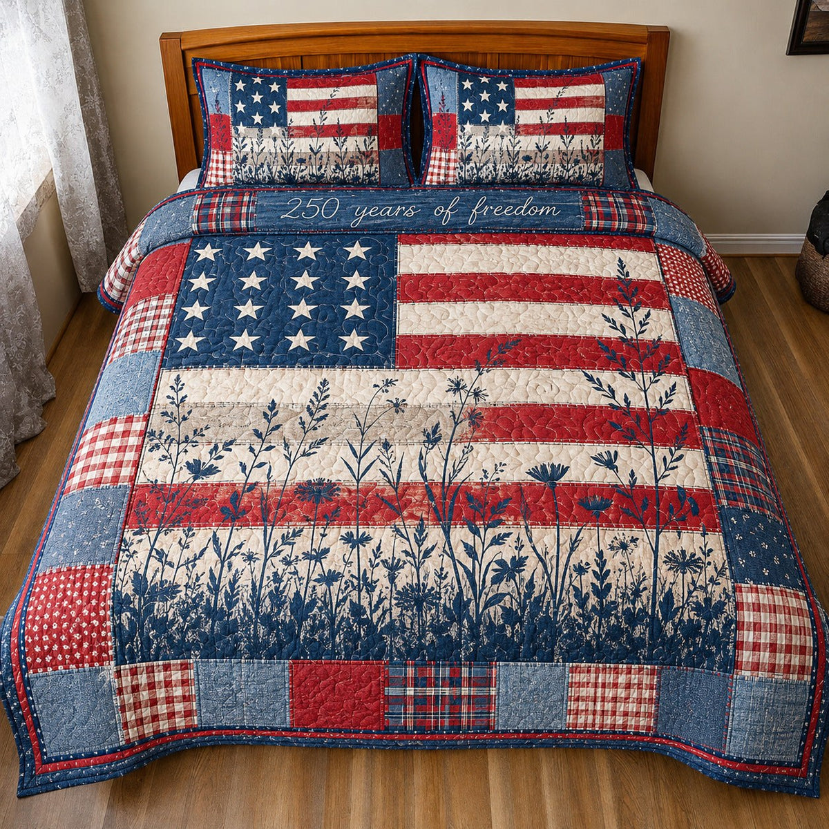 Freedom Patchwork quilted 3-piece bedding set on a made bed in a warmly lit bedroom