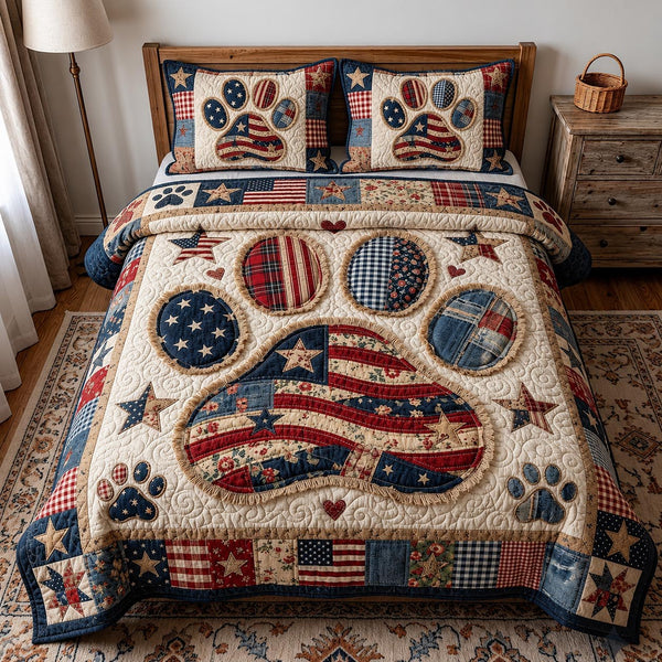 Freedom Paws quilted 3-piece bedding set on a made bed in a warmly lit bedroom