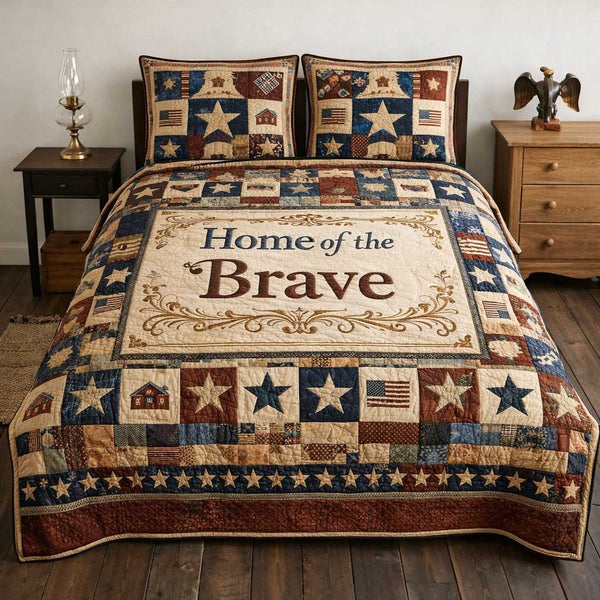 Freedom Pride quilted 3-piece bedding set on a made bed in a warmly lit bedroom