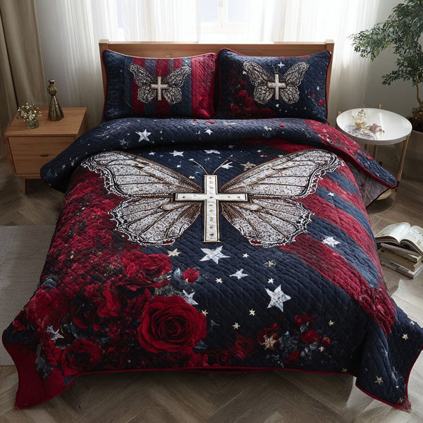 Freedom Quilt quilted 3-piece bedding set on a made bed in a warmly lit bedroom