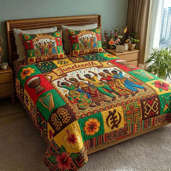 Freedom Rhythm quilted 3-piece bedding set on a made bed in a warmly lit bedroom