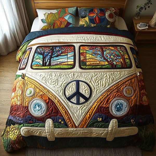 Freedom Ride Comfort quilted 3-piece bedding set on a made bed in a warmly lit bedroom