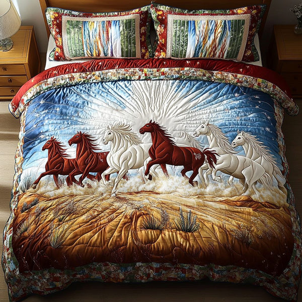 Freedom Ride quilted 3-piece bedding set on a made bed in a warmly lit bedroom