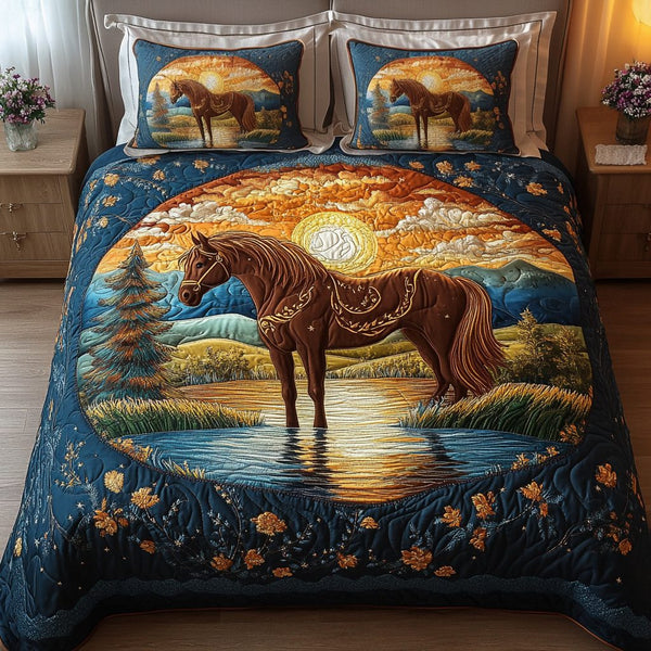 Freedom Rider quilted 3-piece bedding set on a made bed in a warmly lit bedroom