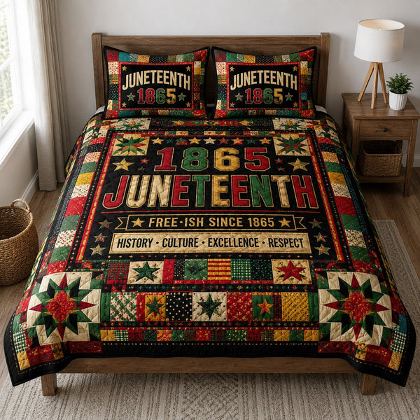 Freedom Roots quilted 3-piece bedding set on a made bed in a warmly lit bedroom