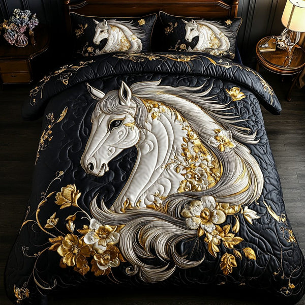 Freedom Run quilted 3-piece bedding set on a made bed in a warmly lit bedroom