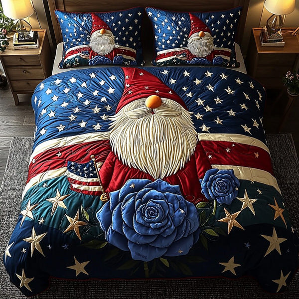Freedom Sleep quilted 3-piece bedding set on a made bed in a warmly lit bedroom