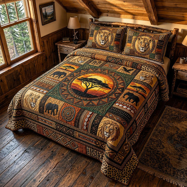 Freedom Soul quilted 3-piece bedding set on a made bed in a warmly lit bedroom