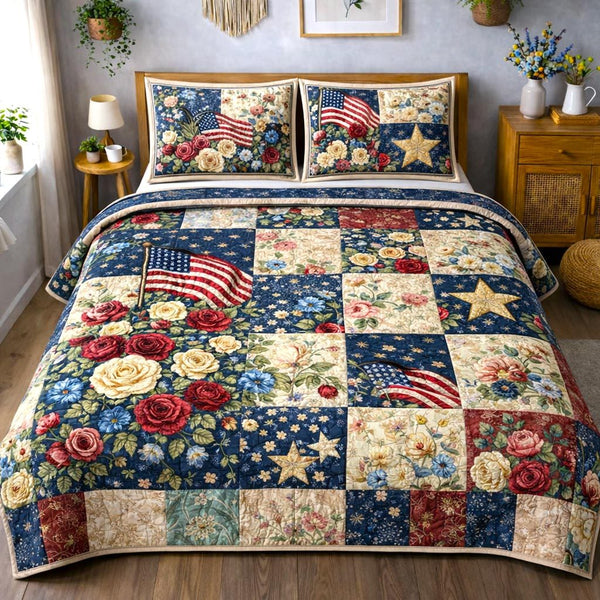 Freedom Spirit quilted 3-piece bedding set on a made bed in a warmly lit bedroom