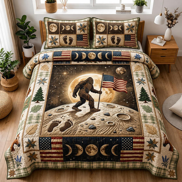 Freedom Squatch quilted 3-piece bedding set on a made bed in a warmly lit bedroom