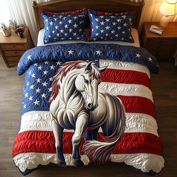 Freedom Stallion quilted 3-piece bedding set on a made bed in a warmly lit bedroom