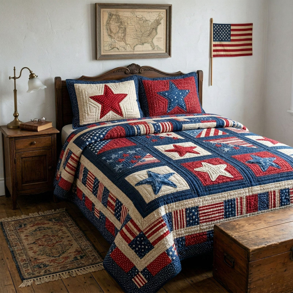 Freedom Star quilted 3-piece bedding set on a made bed in a warmly lit bedroom