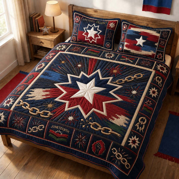 Freedom Starburst quilted 3-piece bedding set on a made bed in a warmly lit bedroom