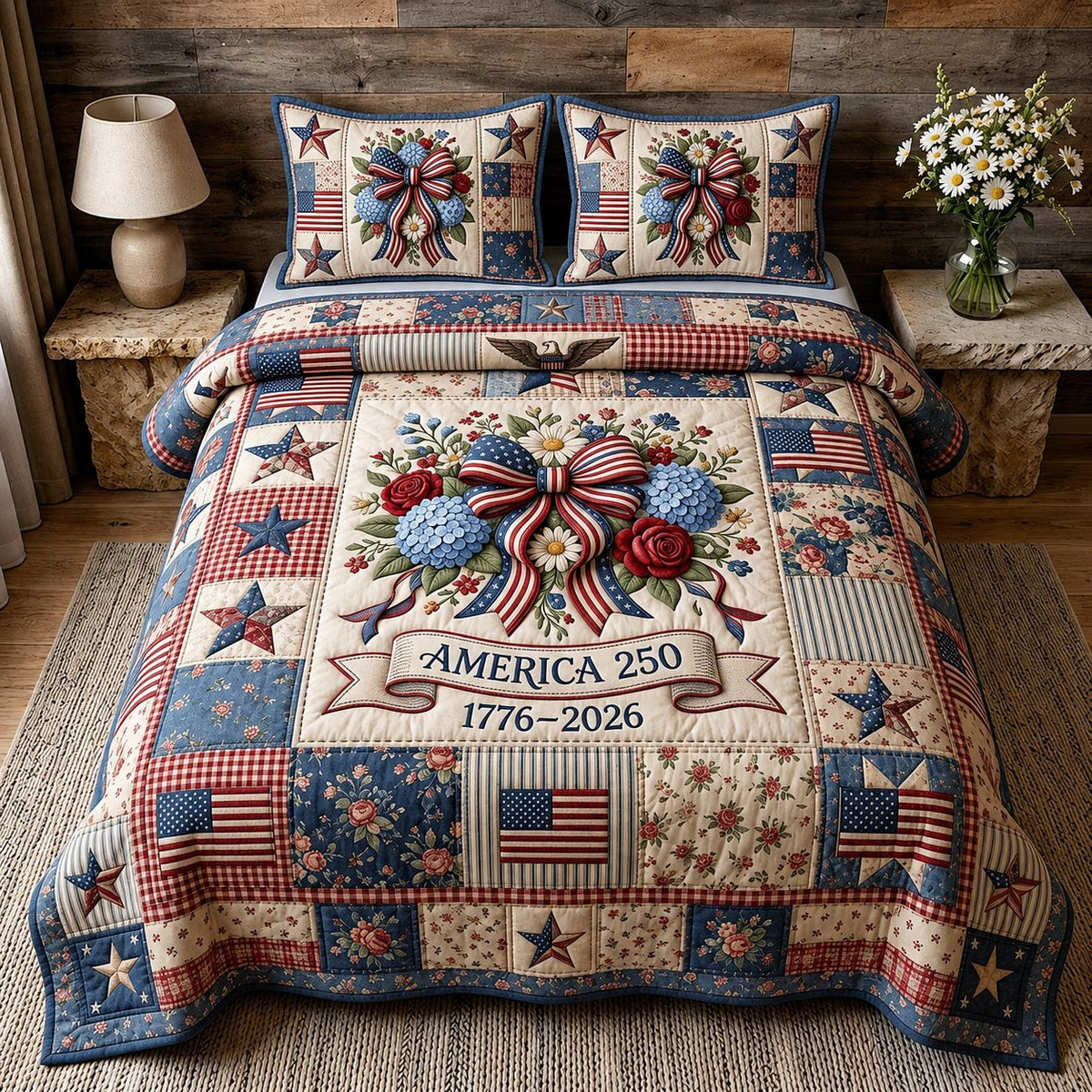 Freedom Stars quilted 3-piece bedding set on a made bed in a warmly lit bedroom