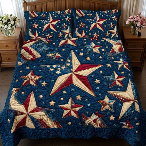 Freedom Stars quilted 3-piece bedding set on a made bed in a warmly lit bedroom