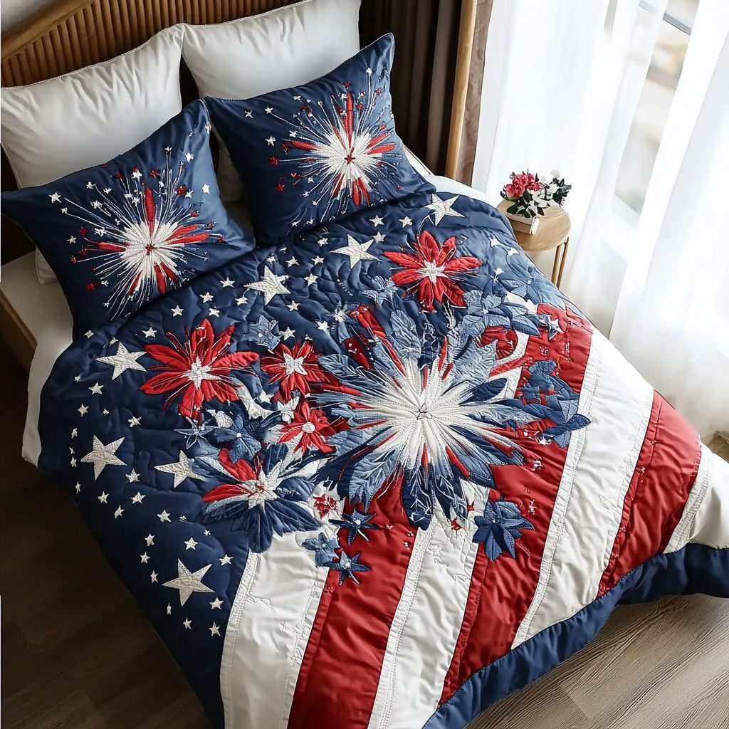 Freedom Stars quilted 3-piece bedding set on a made bed in a warmly lit bedroom
