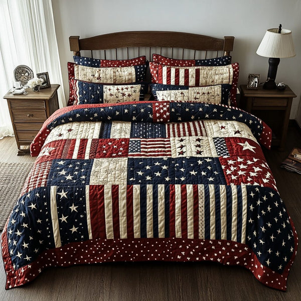 Freedom Stars quilted 3-piece bedding set on a made bed in a warmly lit bedroom