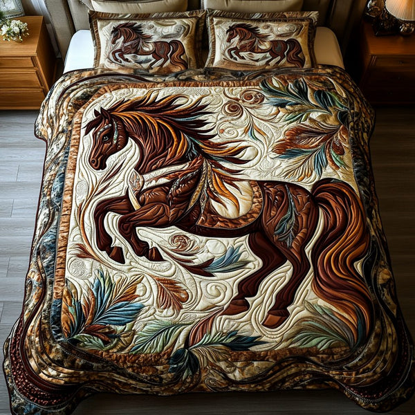 Freedom Stride quilted 3-piece bedding set on a made bed in a warmly lit bedroom
