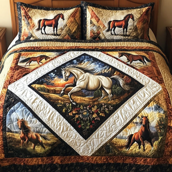 Freedom Stride quilted 3-piece bedding set on a made bed in a warmly lit bedroom