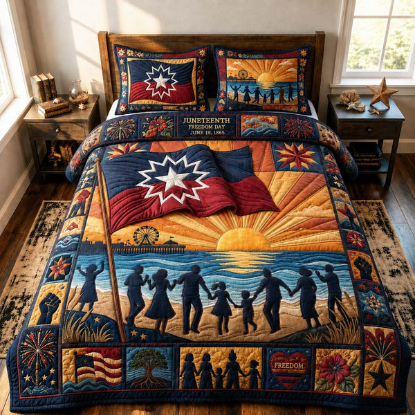 Freedom Sunrise Family quilted 3-piece bedding set on a made bed in a warmly lit bedroom