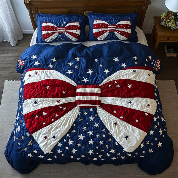 Freedom Ties quilted 3-piece bedding set on a made bed in a warmly lit bedroom