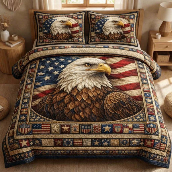 Freedom Valor quilted 3-piece bedding set on a made bed in a warmly lit bedroom
