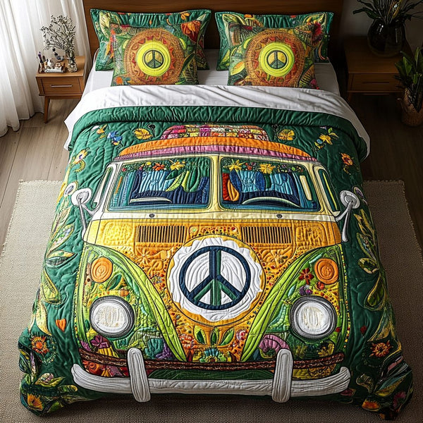 Freedom Van quilted 3-piece bedding set on a made bed in a warmly lit bedroom
