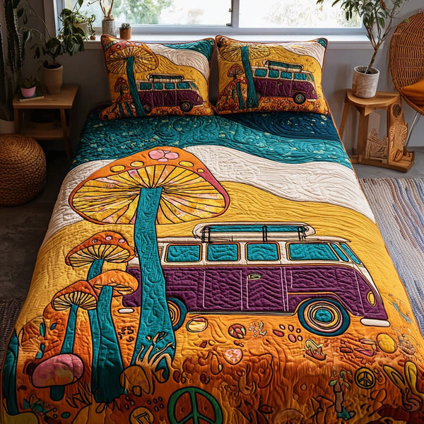 Freedom Wheels quilted 3-piece bedding set on a made bed in a warmly lit bedroom