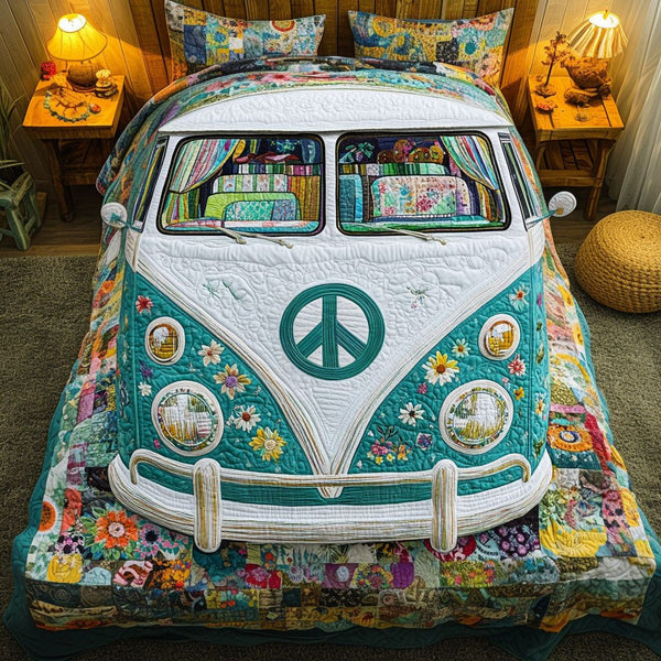 Freedom Wheels quilted 3-piece bedding set on a made bed in a warmly lit bedroom