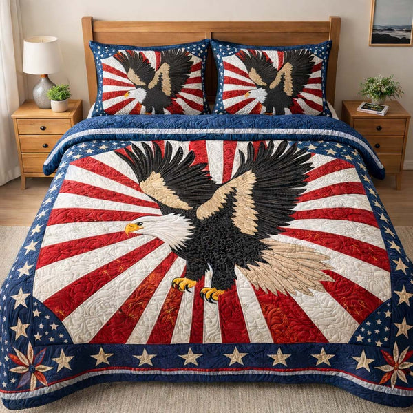 Freedom Wings quilted 3-piece bedding set on a made bed in a warmly lit bedroom