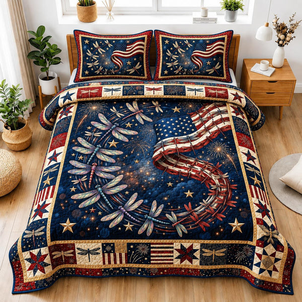 Freedom Wings quilted 3-piece bedding set on a made bed in a warmly lit bedroom