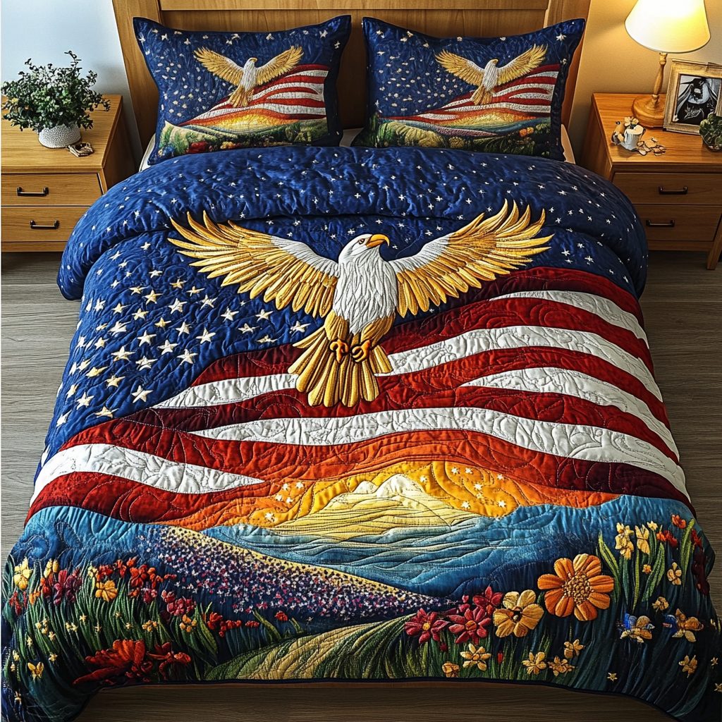 Freedom Wings quilted 3-piece bedding set on a made bed in a warmly lit bedroom