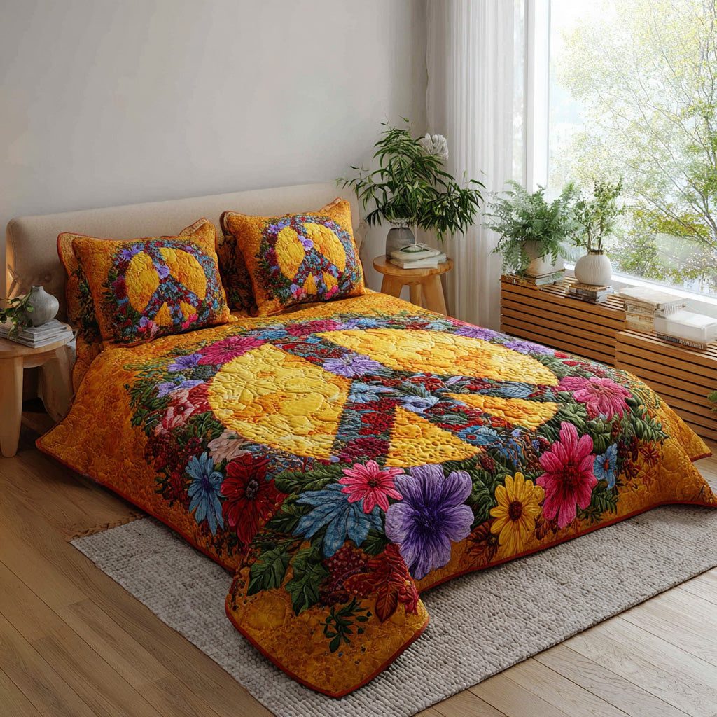 Freeflower Vibes quilted 3-piece bedding set on a made bed with two matching pillow shams