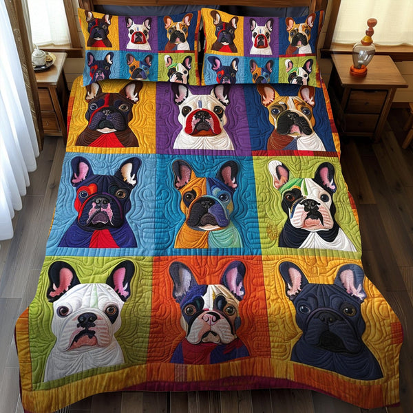 French Bulldog Art quilted 3-piece bedding set on a made bed with two matching pillow shams