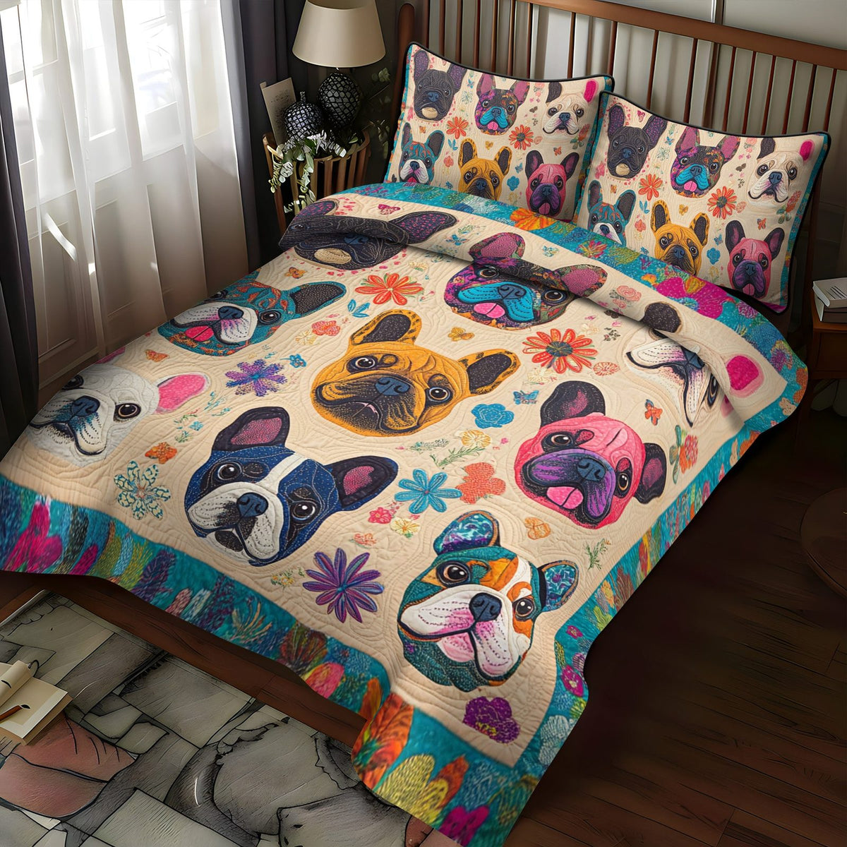 French Bulldog Art quilted 3-piece bedding set on a made bed with two matching pillow shams