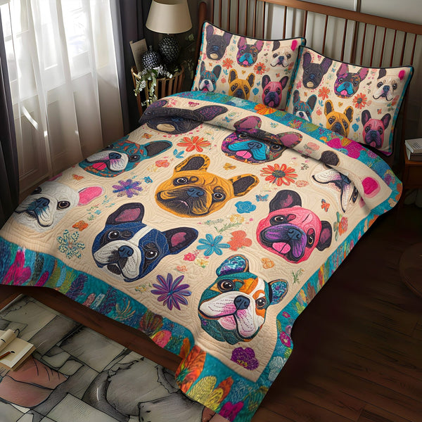 French Bulldog Art quilted 3-piece bedding set on a made bed with two matching pillow shams