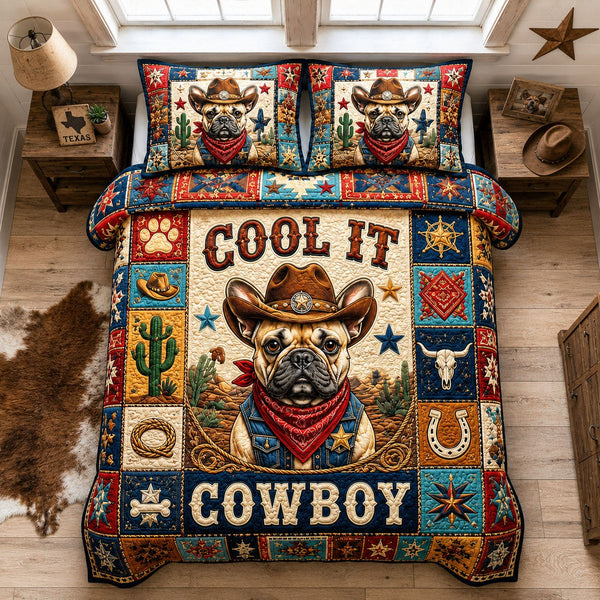 French Bulldog Cowboy Pup Star quilted 3-piece bedding set on a made bed in a rustic timber bedroom