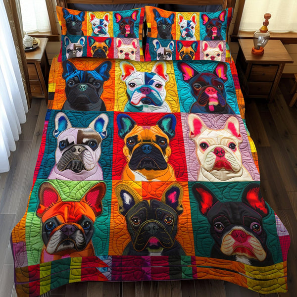 French Bulldog Fanatic quilted 3-piece bedding set on a made bed with two matching pillow shams