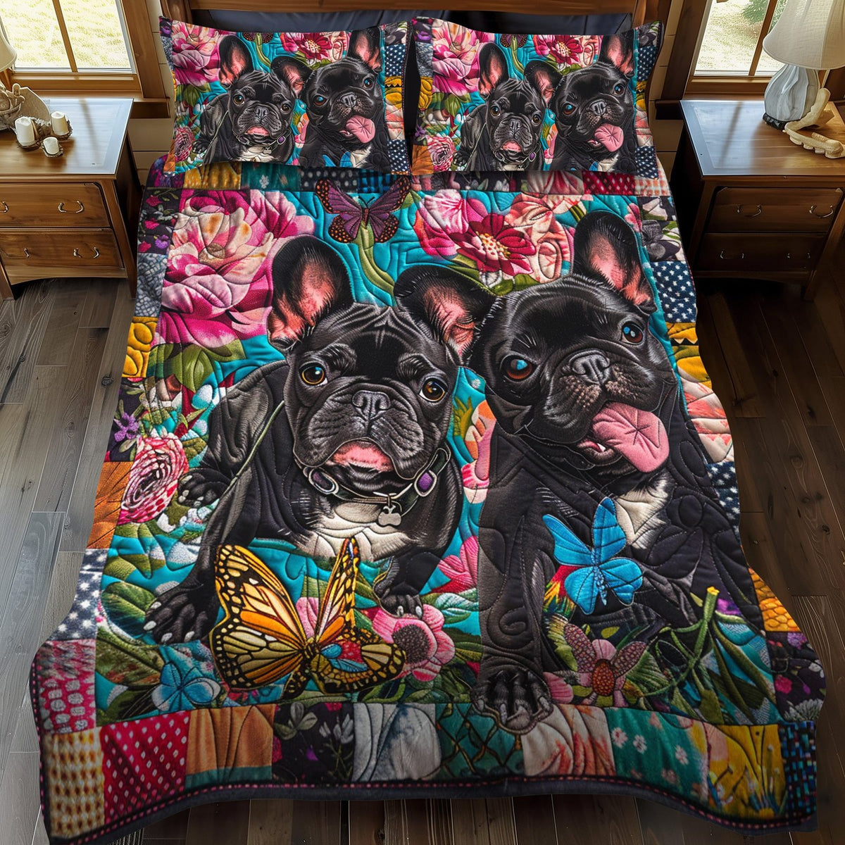 French Bulldog Floral Garden quilted 3-piece bedding set on a made bed with two matching pillow shams