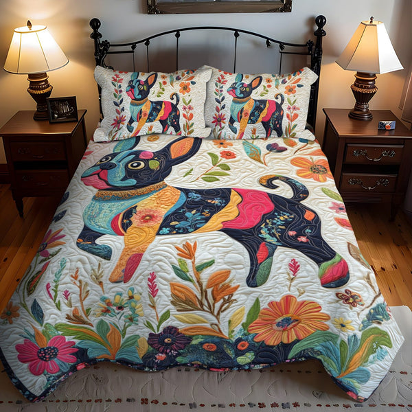 French Bulldog Floral quilted 3-piece bedding set on a made bed with two matching pillow shams
