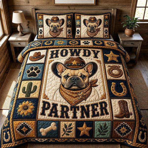 French Bulldog Howdy Partner Pup quilted 3-piece bedding set on a made bed with two matching pillow shams