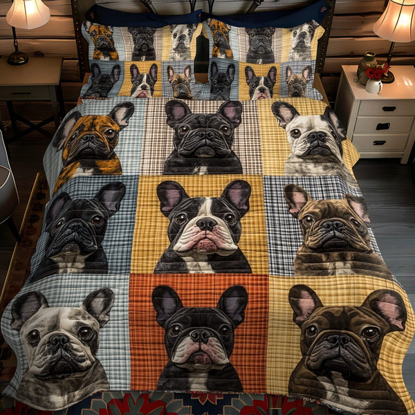 French Bulldog Joy quilted 3-piece bedding set on a made bed with two matching pillow shams